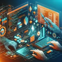 Zwei Hände tippen auf eine leuchtende Tastatur. Darüber schweben holographische UI-Elemente und ein Satz holographischer Hände, die mit den UI-Elementen interagieren.