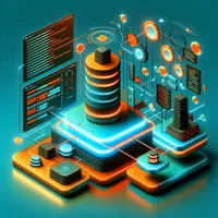 Ein Stapel von Kreisen und Quadraten mit leuchtenden Kanten in der Mitte gestapelt. Um dies herum schweben UI-Elemente. Die Elemente ähneln Log-Datei-Dashboards und abstrakten Formen.